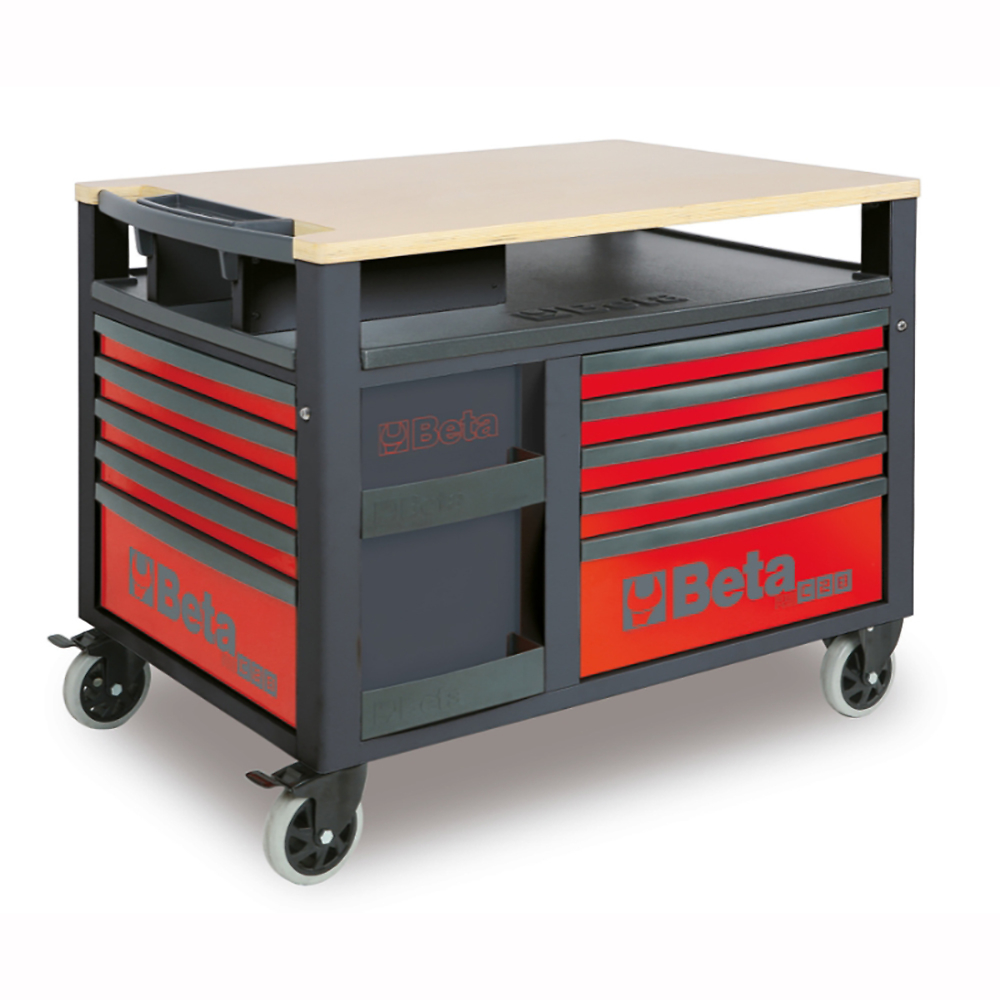 Beta, 10-Drawer Rolling Tool Chest, Wood Worktop, Width 48.63 in, Height 37.13 in, Color Red, Model# RSC28-R